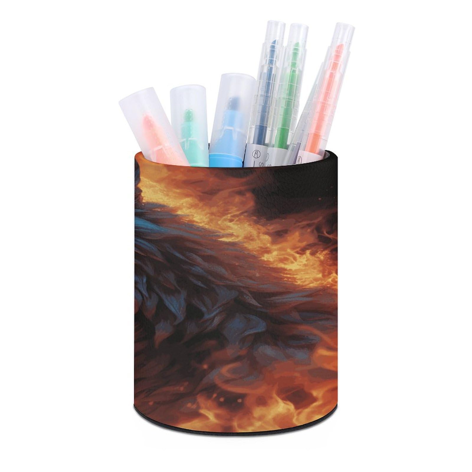FekiLoot Round Wolf Surrounded by Fire Pen Holder for Desk PU Leather Waterproof Pencil Cup Stand Minimalist Makeup Brush Storage Organizer Desktop Stationery Container Accessorires