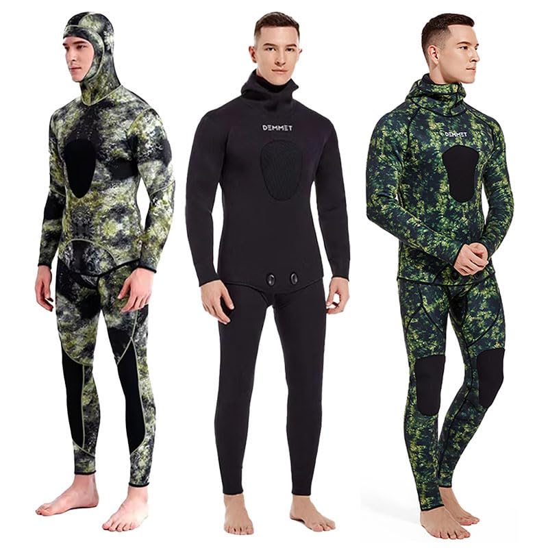 DEMMET Camouflage Combinaison 3mm Chasse Poisson Combinaison Hiver Chaud Hommes Long Capuche Deux Pièces Surf Snorkeling Plongée Chasse Poisson Kayak