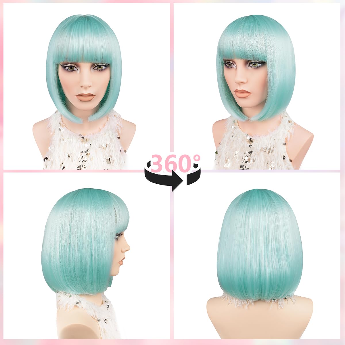 Short Bob Wigs with Bangs 12 Inch Coloured Bob Wig Heat Resistant Synthetic Fiber Straight Bob Wig for Women Girls Christmas Halloween Cosplay Party Fashion Looking (Aqua) - Image 4