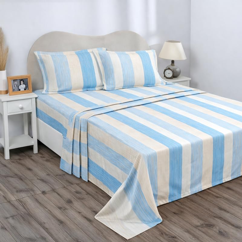 Image of BSB HOME Double Bedsheet 144 TC Microfiber with 2 Pillow Covers | Smooth, Lightweight & Quick-Dry Bed Sheet Set | Comfortable Bedding for Home, Guest Room & Daily Use - Ocean Breeze Stripe