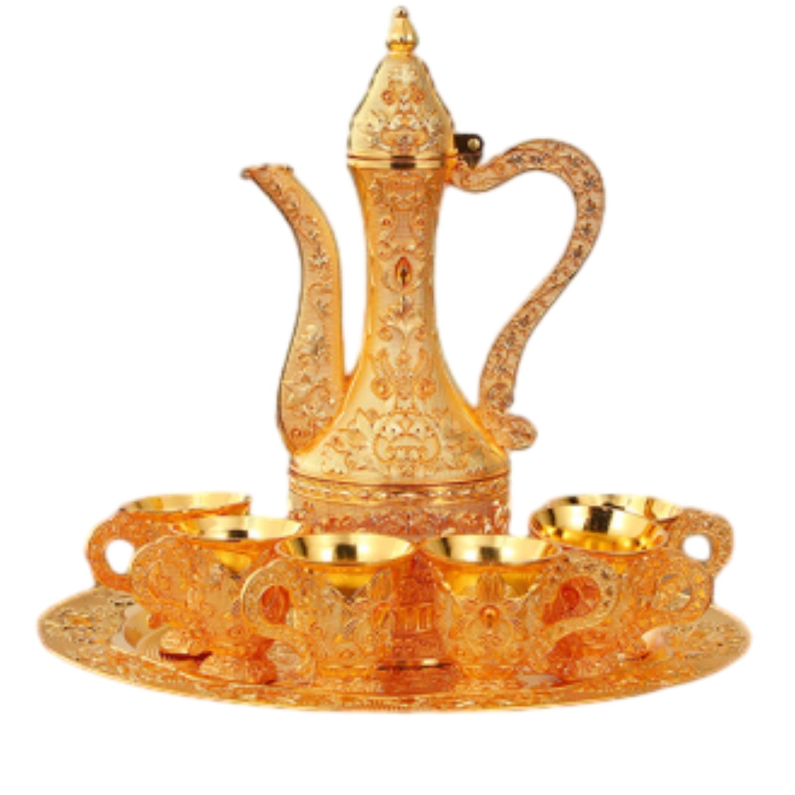 Turkish Tea Sets, Gold Tea Set Vintage Coffee Cup Sets with Pot Tray and 6 Cups Moroccan Tea Set for Home Decor Wedding Gift
