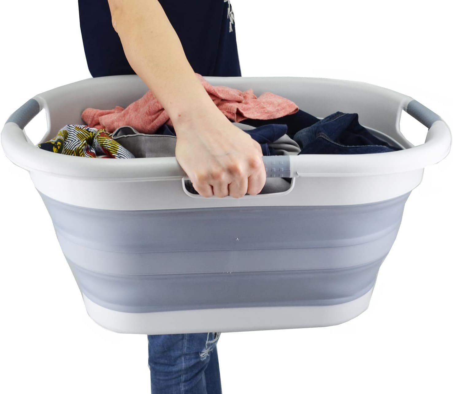 SAMMART 40L (10.5 gallon) Collapsible Plastic Laundry Basket - Foldable Pop Up Storage Container/Organizer - Portable Washing Tub - Space Saving Hamper/Basket (1, Grey/Dark Grey)