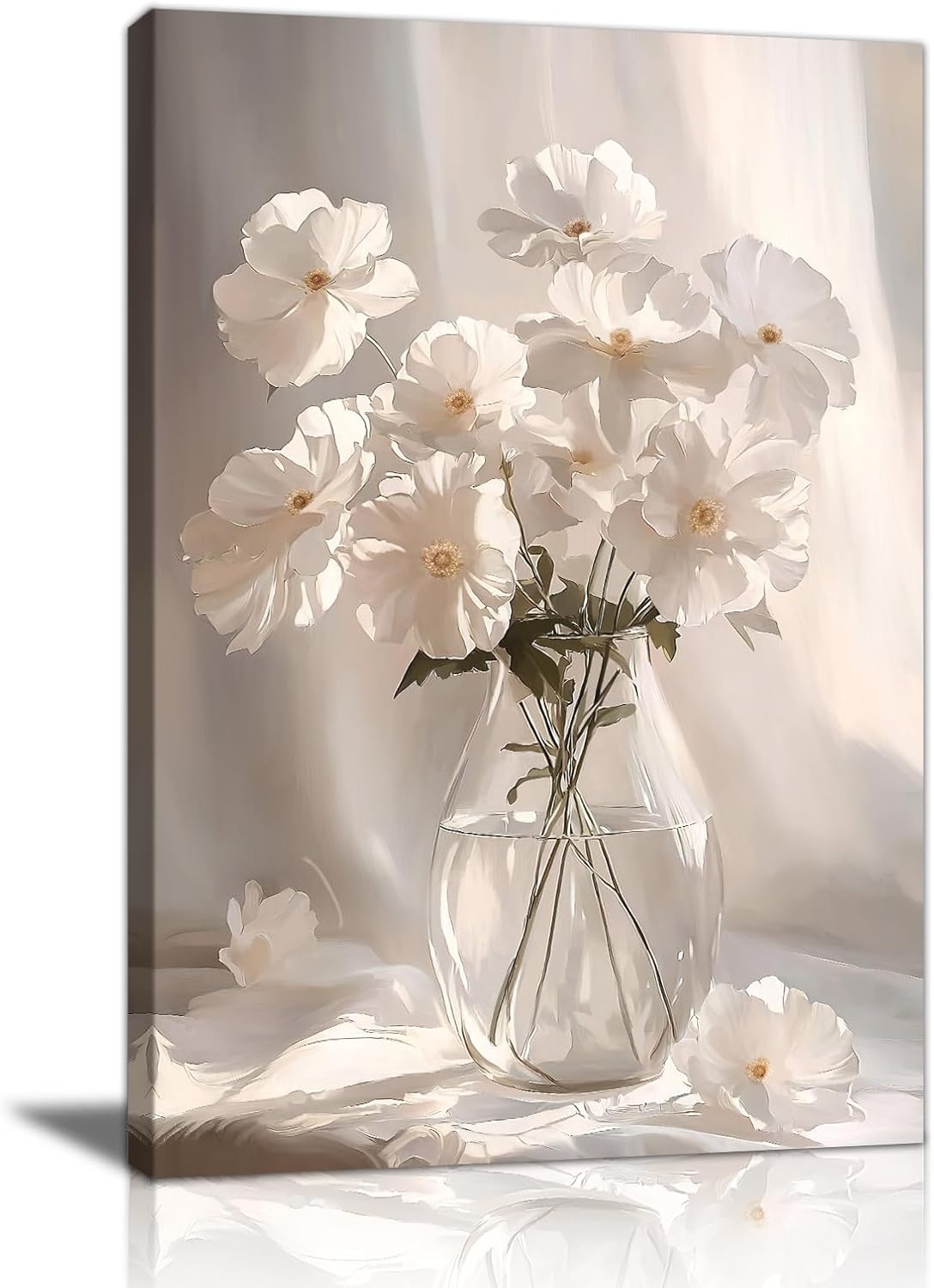 Floral Framed Canvas Wall Art for Bedroom, Blooming White Flowers in Sun Canvas Wall Painting Modern Floral Canvas Prints Picture Wall Decor for Living Room Kitchen Bathrooms Home Decor 16x24 inch White 24"L x 16"W