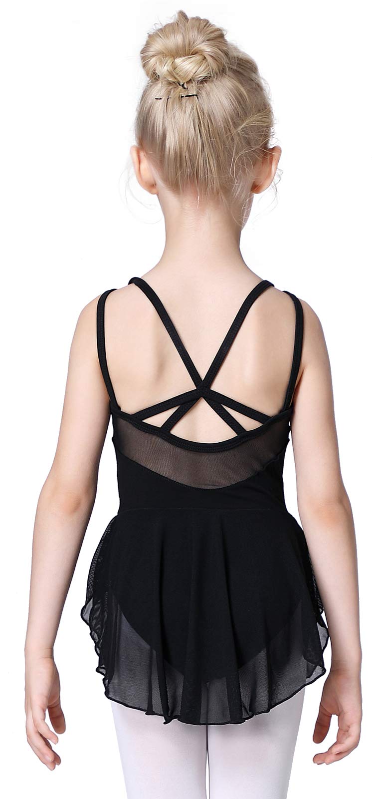 Soudittur Girls Ballet Dance Leotards with Mesh Skirt Gymnastics Leotards Back Straps Camisole Dress Cotton Outfit for Children Kids(130, Black)