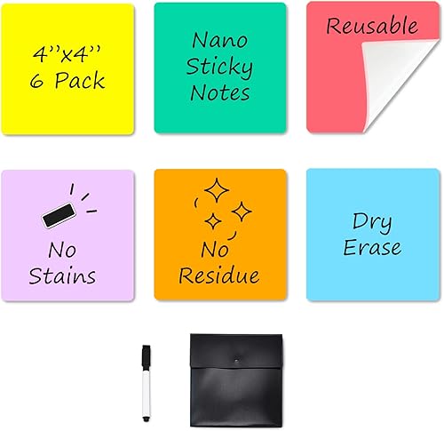 Notas adhesivas de borrado en seco, 6 colores, calcomanías reutilizables para pizarra blanca de 4 x 4 pulgadas, paquete de 6 unidades. Adecuado para