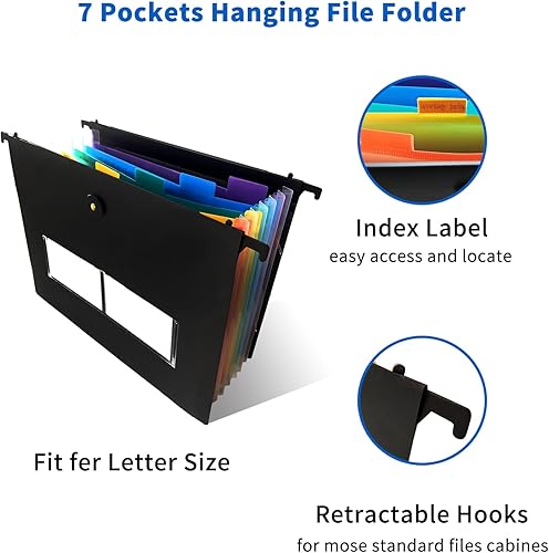 Miniatura 6 de Paquete de 4 carpetas colgantes de plástico, gran capacidad, innovador organizador de archivos de acordeón con gancho retráctil, pestañas