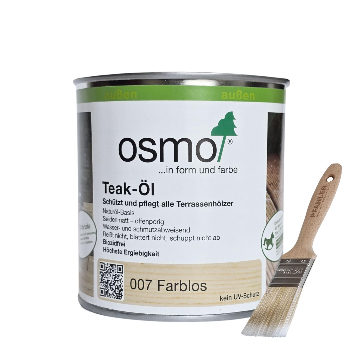 Osmo Gartenmöbel Pflegeset Holz-Entgrauer 500 ml Teak-Öl 007 0,375 l Schleifvlies Wurzelbürste Flächenstreicher 50 mm PFAHLER-Pinsel