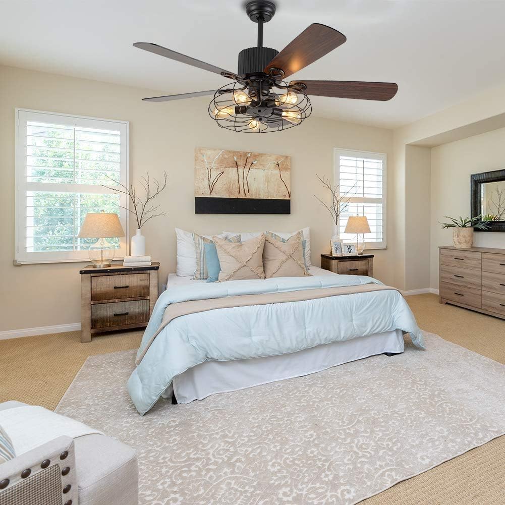 🔥 Crаzу Dеаlѕ Panda Lighting Retro Industrial Ceiling Fan Light Draw Rope & Remote Control Pendant Fan Chandelier 5 Lights 5 Wooden Blade Super Silent Indoor Fan Lamp Iron Cage Rustic Style(52 inch)