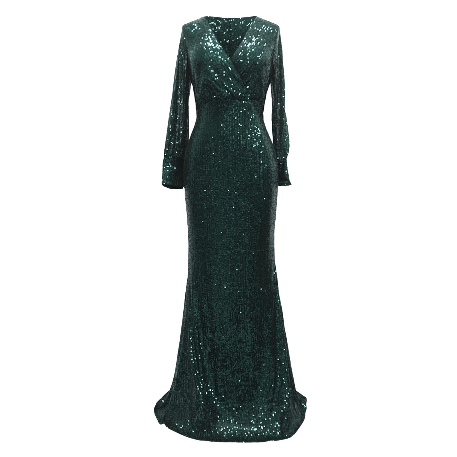 Nidddiv Vestido largo para mujer, elegante, manga larga, vestido de noche, cuello en V, lentejuelas, ajustado, vestido de cóctel, vestido de noche, vestido de fiesta, vestido de fiesta