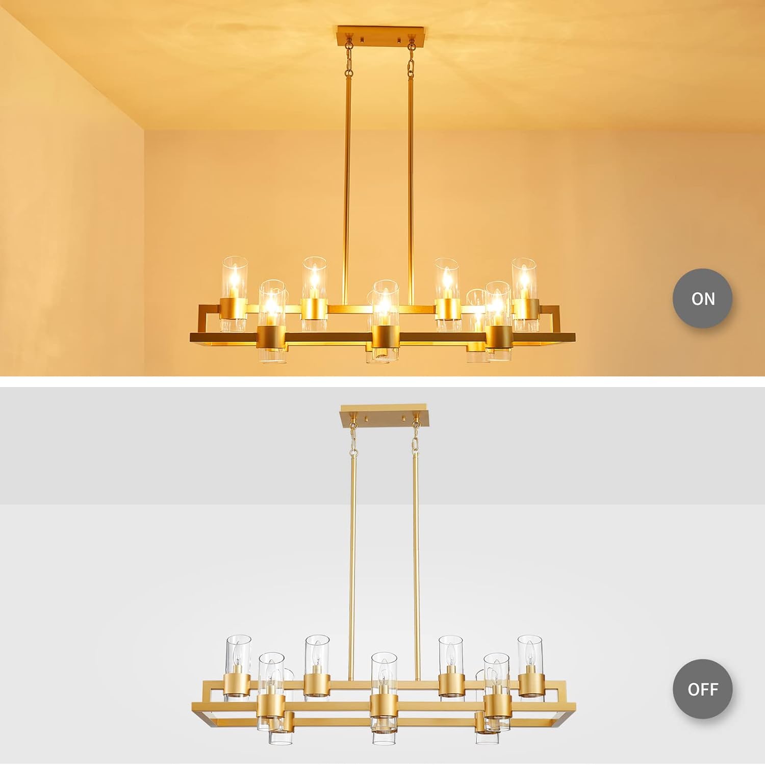 WUZUPS Island Rectangle Chandelier 10-Light with Clear Glass Industrial Modern Farmhouse Linear Light Fixture for Dining Room Kithen Island, Width 42.5" Height 10.4", Gold