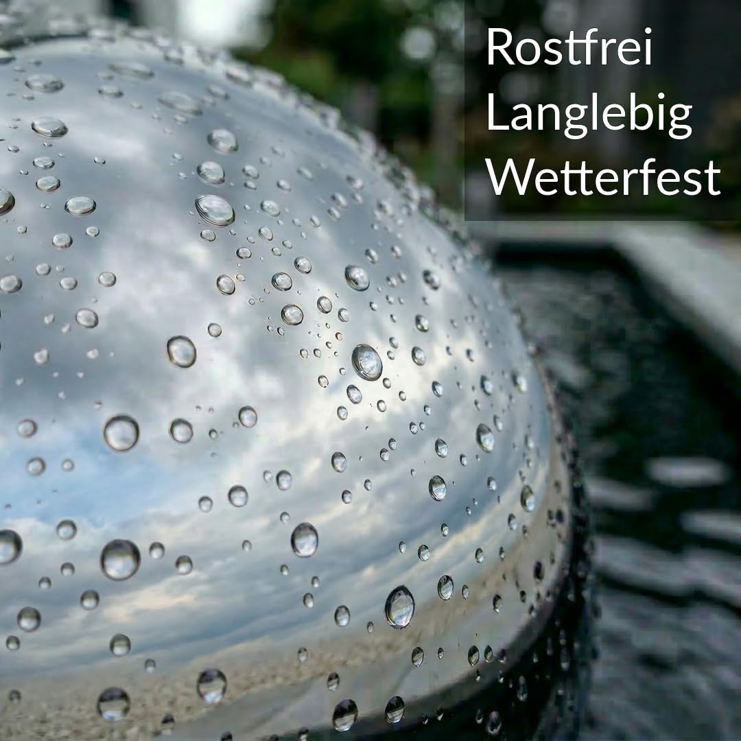 Kugelbrunnen aus Edelstahl D: 30 cm – Edelstahlkugel glänzend für Gartenbrunnen, Wasserspiel Garten, 30 mm Lochbohrung, 1/2 Zoll Schlauchanschluss, Edelstahlbrunnen für DIY Brunnenanlagen