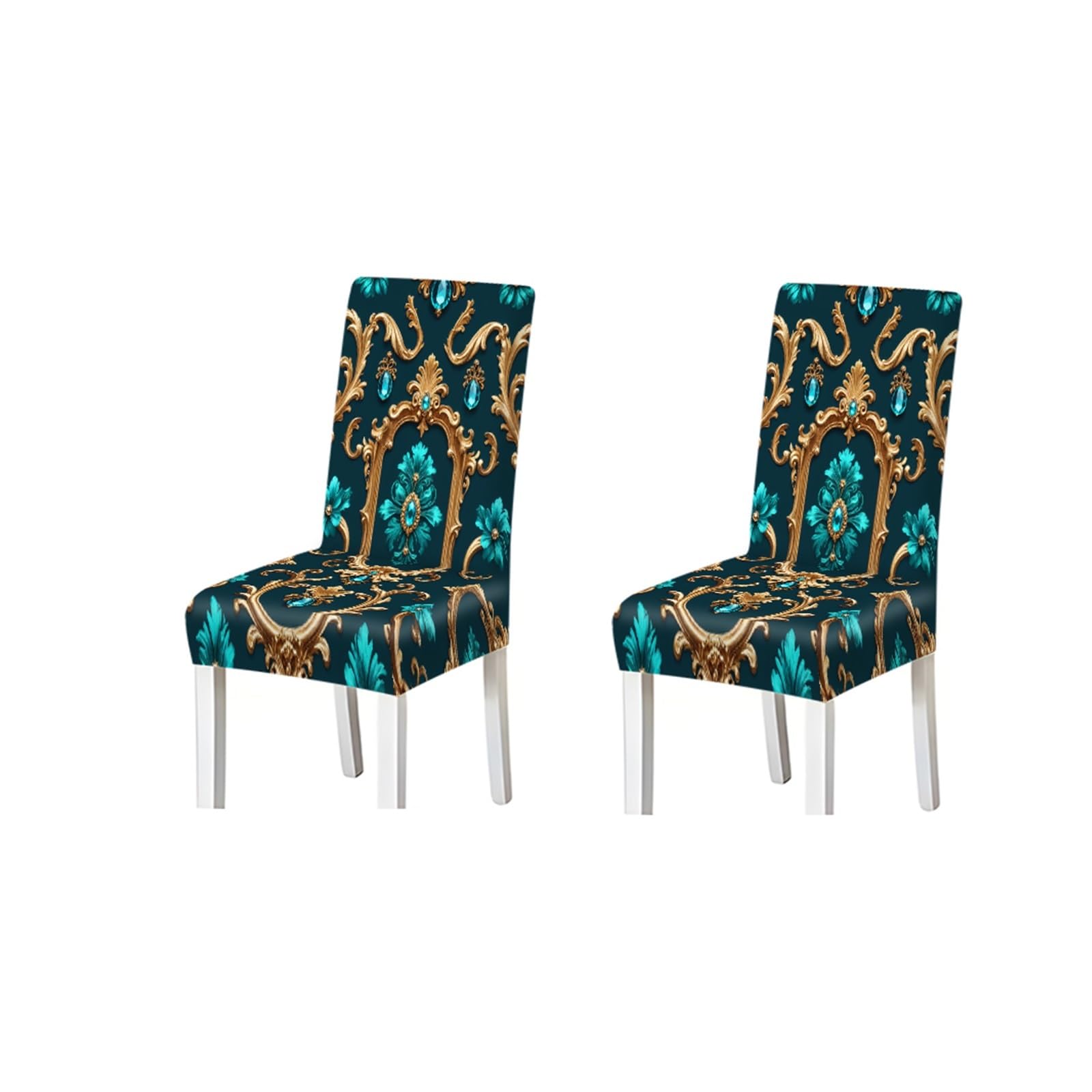 BOSUYBN Teal Gold Baroque Jewel Print Stretch Dining Chair Covers For Kitchen Dining Living Room Luxury, 2/4/6PCS Furniture Protectors for Home Dining Room(2PCS Chair cover)