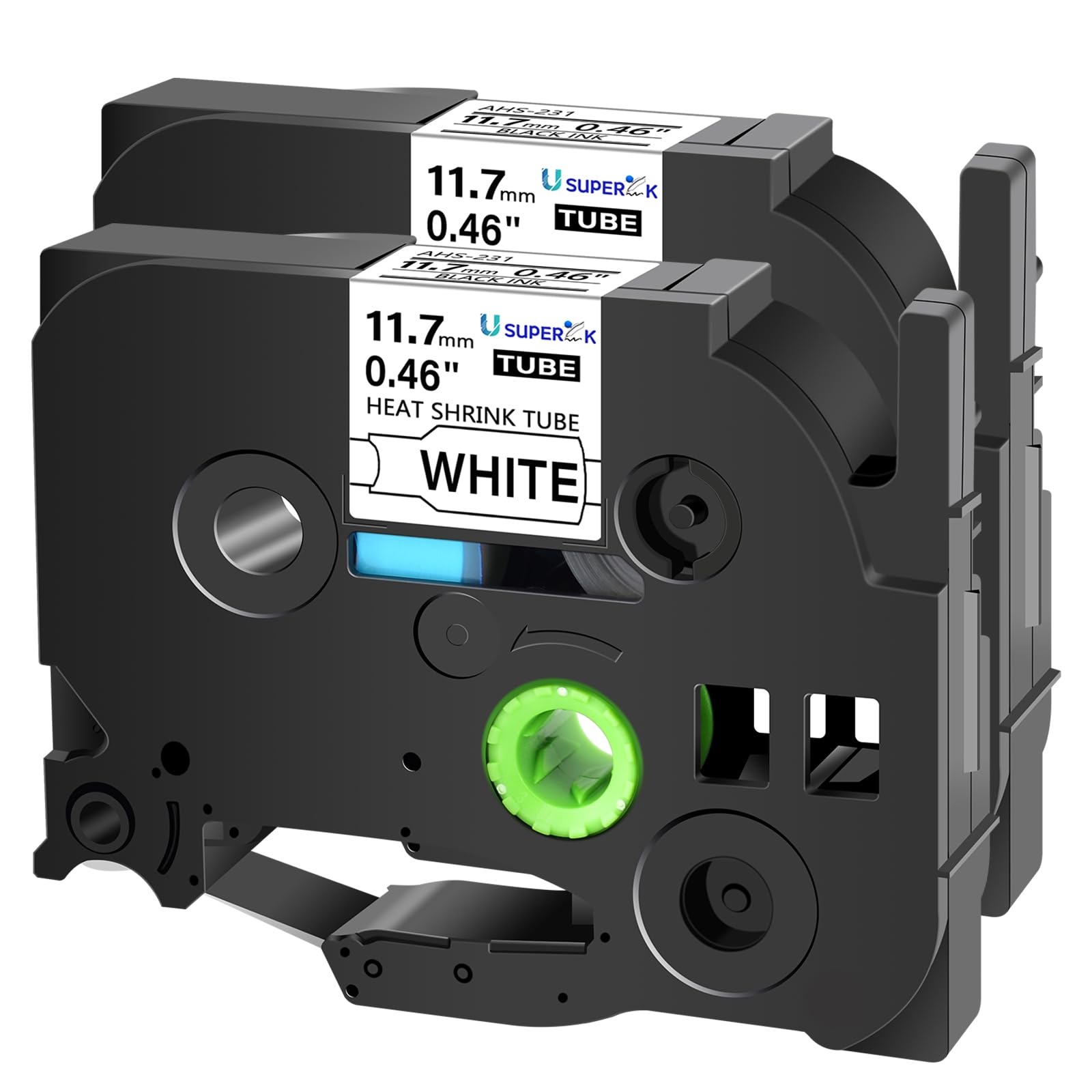 USUPERINK 2 Pack Compatible for Brother Ptouch HSe-231 HSe231 HS-231 HS231 0.46'' 11.7mm Black on White Heat Shrink Tube Label Tape use in PT-D210