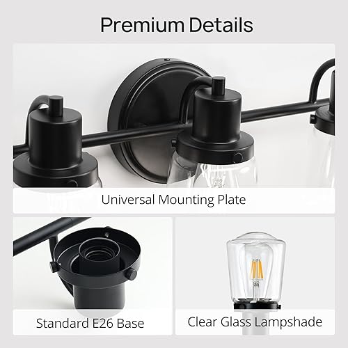 Miniatura 3 de JolyWell Lámparas de baño de 3 luces, lámpara de tocador de 3 luces con pantalla de vidrio transparente, luz de baño regulable sobre espejo para