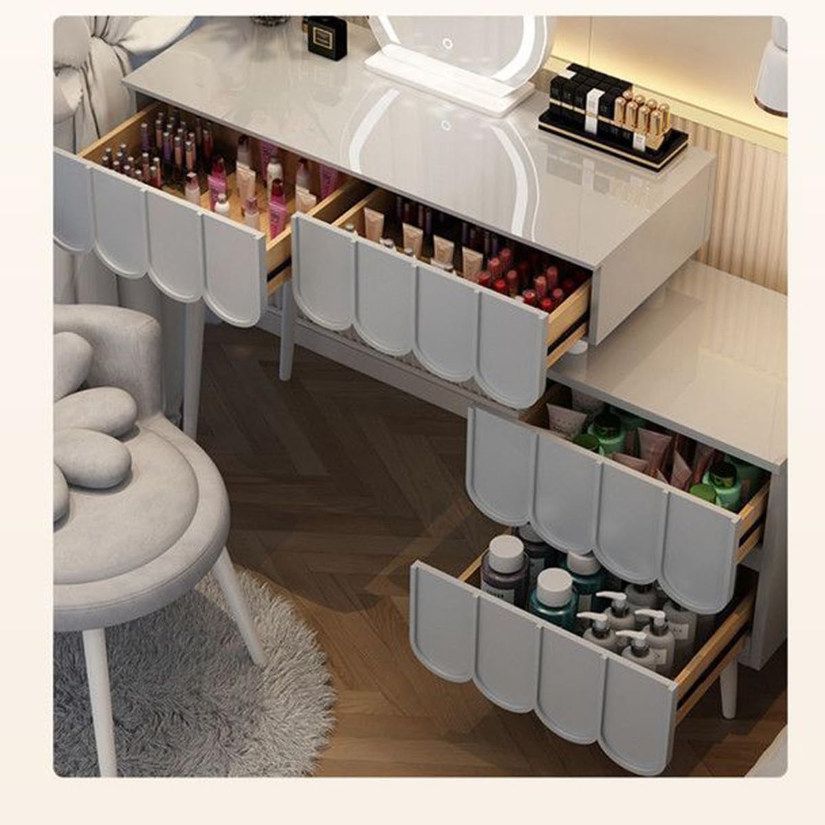 Coiffeuse avec Miroir et éclairage intégrés, Disponible en 3 Coloris. Élégante Table de Chevet avec tiroirs, Finition Blanche Moderne, 100 cm, idéale pour la Chambre.