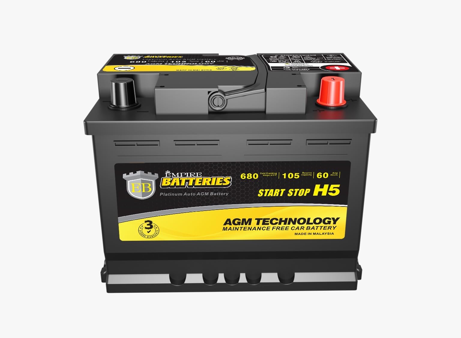 Empire Platinum AGM Battery BCI Group 47-12v 60ah H5 Size 47 Automotive Battery, 100RC, 680CCA, 36 Months Warranty