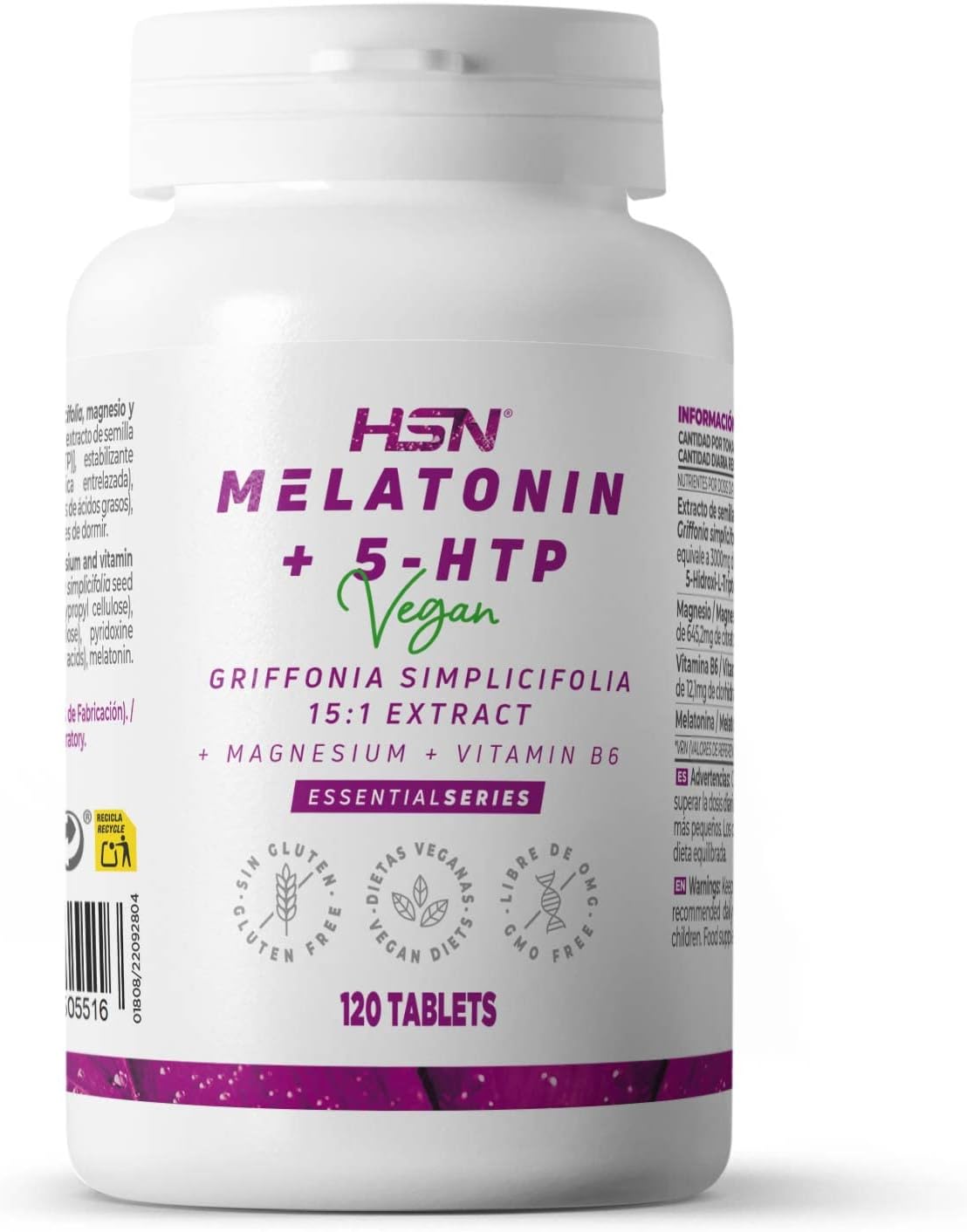HSN Melatonina + 5 HTP | 120 Tabletas Veganas y Sin Gluten | Melatonina (1,9mg) y 5-HTP (semillas de Griffonia) | Fuente de Magnesio y vitamina B6 | 1 Tableta al Día