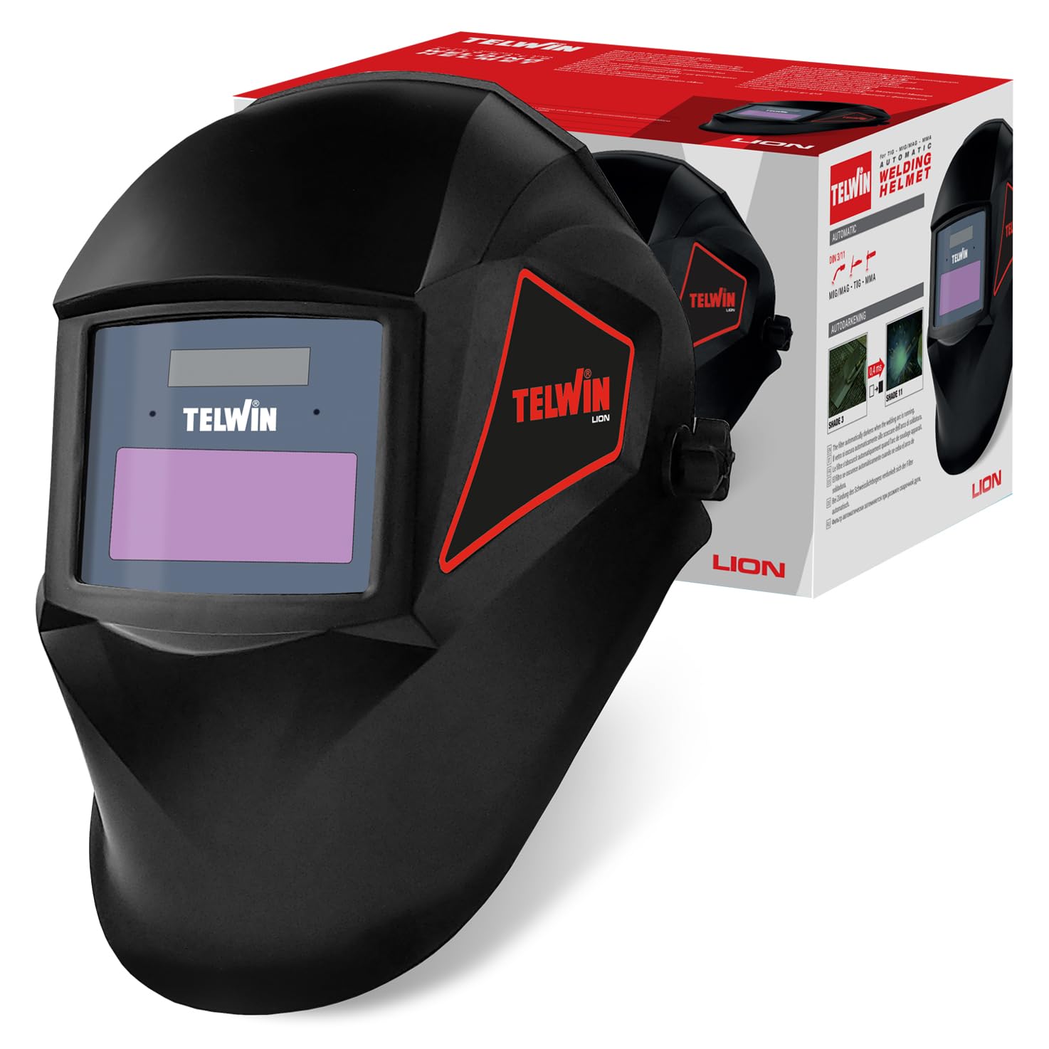Telwin Lion Maschera a Caschetto per Saldatura MMA/MIG-MAG/TIG, Protezione Semi Professionale e per Fai da Te, Oscuramento automatico, 11 DIN.