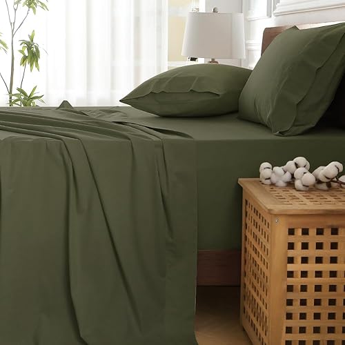 Miniatura 7 de Juego de sábanas HYPREST con bolsillo profundo tamaño king - 100% de algodón verde, juego de sábanas de lujo hotelero suaves y transpirables, se