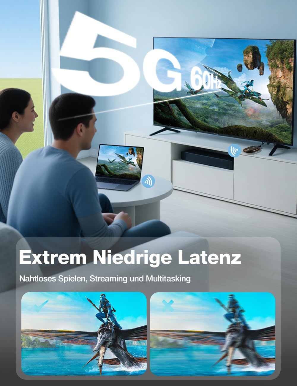 AIMIBO Wireless HDMI AirPlay Adapter mit 5000mAh Akku, HDMI & USB-C Ports, 4K Decoding 1080P@60Hz, HDMI Dongle unterstützt AirPlay Miracast DLNA für Smartphone Tablet Laptop zu AR-Brille TV Beamer,30m