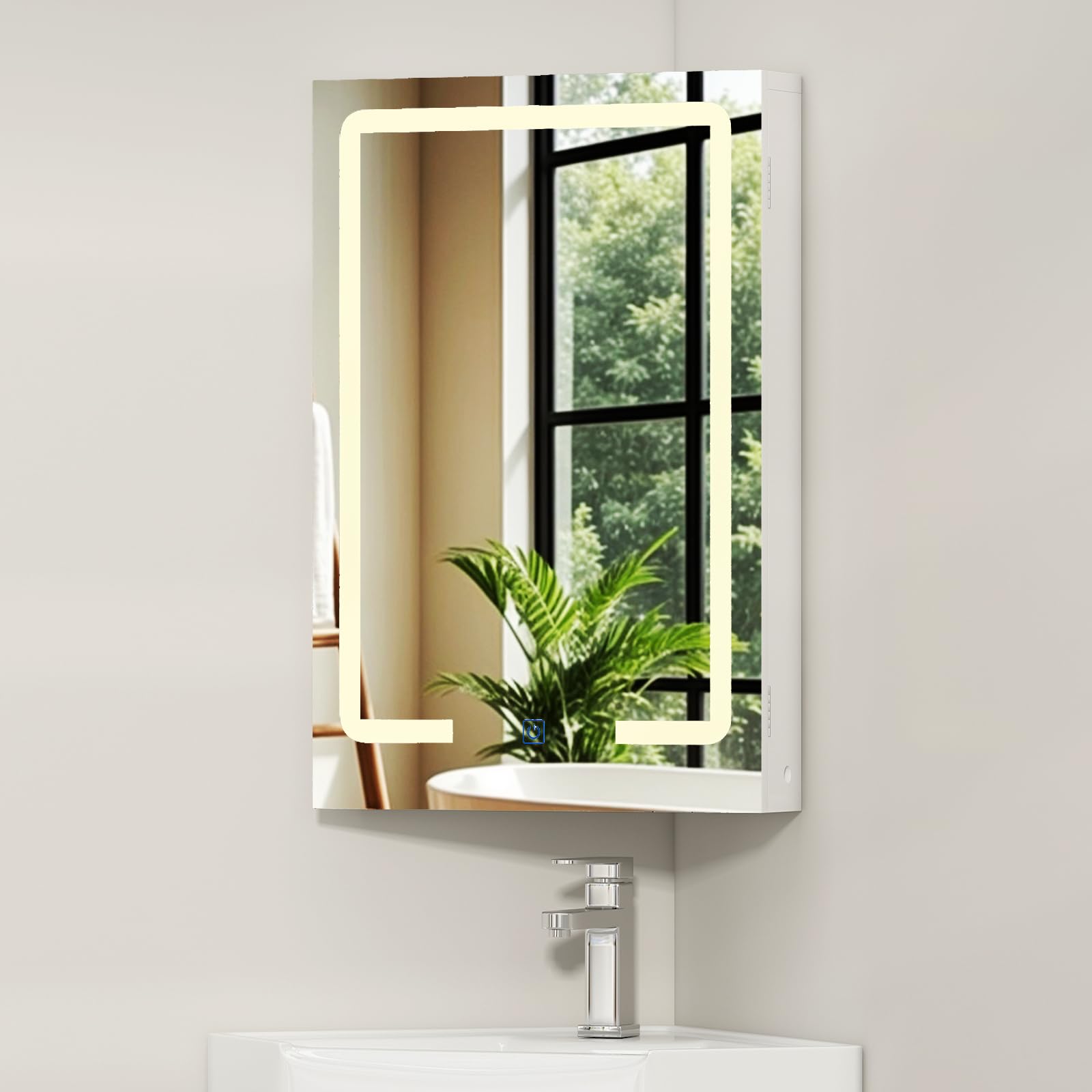 Corner Bathroom Mirror Cabinet with LED Light,Wall Mounted Corner Cabinet with 2 Shelves,3 Colors Adjust-Lights Single Door Bathroom Cabinets with Mirror,Bathroom Storage Unit,White,40*29*60CM