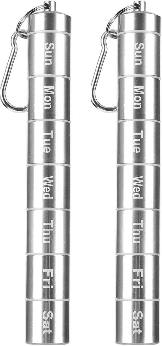 Messar 7 Days Pill Case, Portable Pill Box, 7 Compartments Aluminum Alloy Weekly Pill Holder Waterproof Medicine Organizer Travel Pill Tube Pill Bottle Pill Container with Keychain and Carabiner