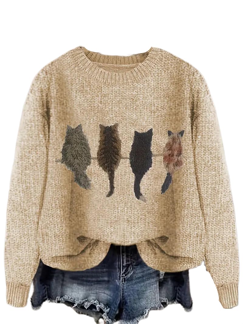Womens Cat Sweater Long Sleeve Crew Neck Fun Graphic Cute Patterned Pullover Sweater Tops
