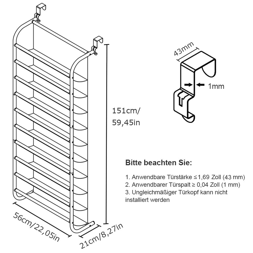 0 Schoenenrek voor boven de deur schoenenorganizer hangend schoenenrek sterke metalen haken voor closet pantry (wit 56 x 21 x 151 cm