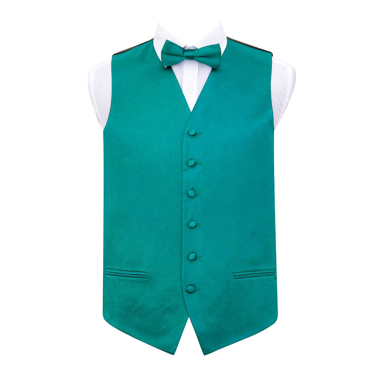 Dqt Men's Teal Plain Satin Waistcoat & Pre-Tied Bow Tie Set (2Pc) - Wedding, Business & Formal - 48" (4Xl)