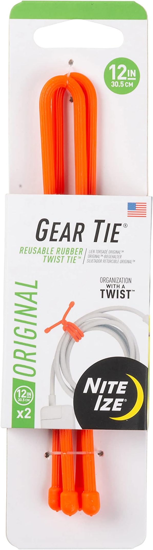 Inc. GT12-31-2R3 Nite IZE Original Gear, Reusable Rubber, 12 Inch, 2-Pack, Bright Orange, Made in The USA Twist Tie, 2 Count (Pack of 1)
