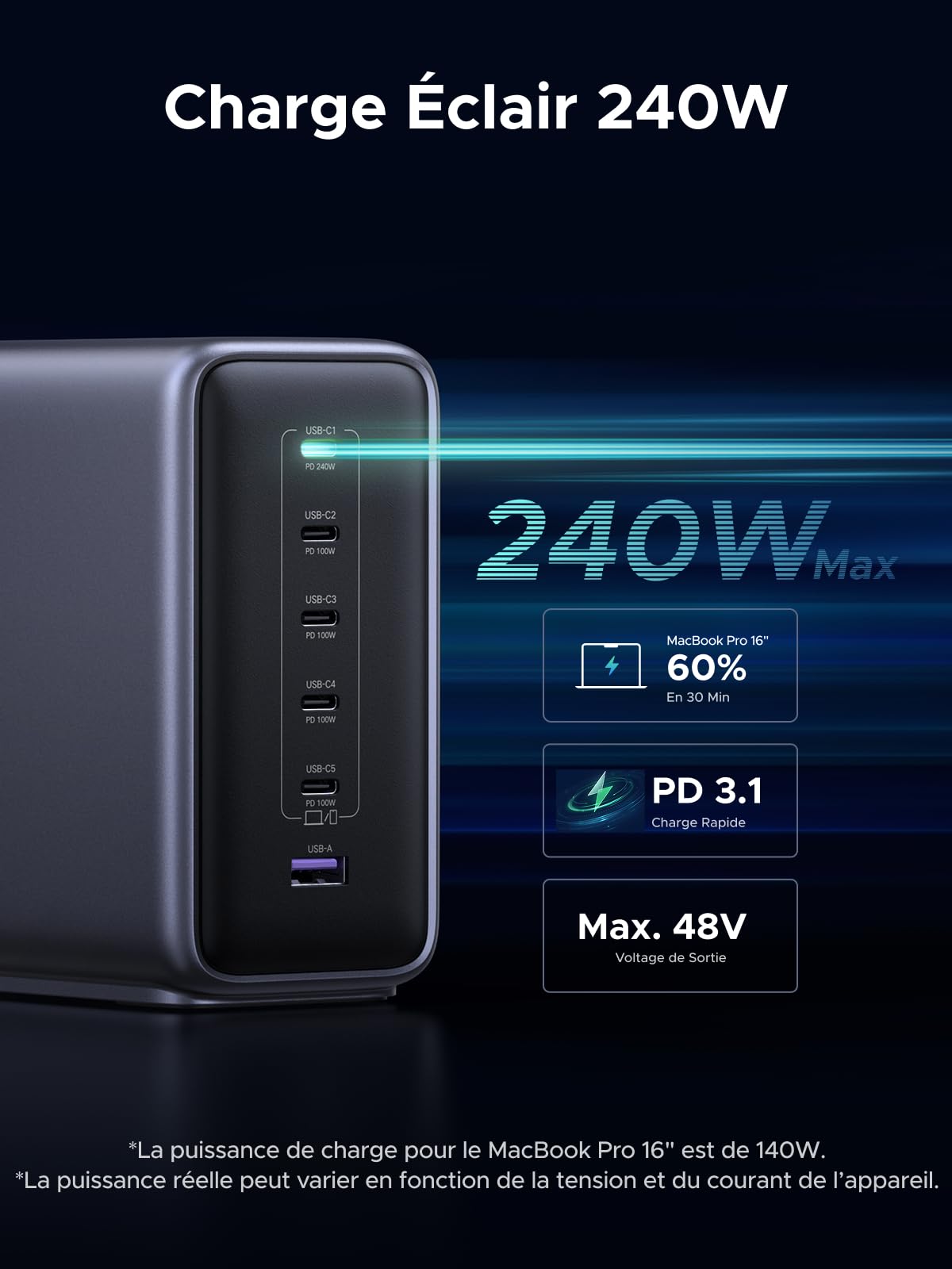 UGREEN Nexode 500W Station de Charge Chargeur USB C Rapide 6 Ports PD 3.1 240W GaNInfinity 140W Compatible avec MacBook Pro Air Neo M5 M4 M3 M2 M1 iPhone 17 16 15 14 13 Galaxy S26 S25 S24 iPad Pixel