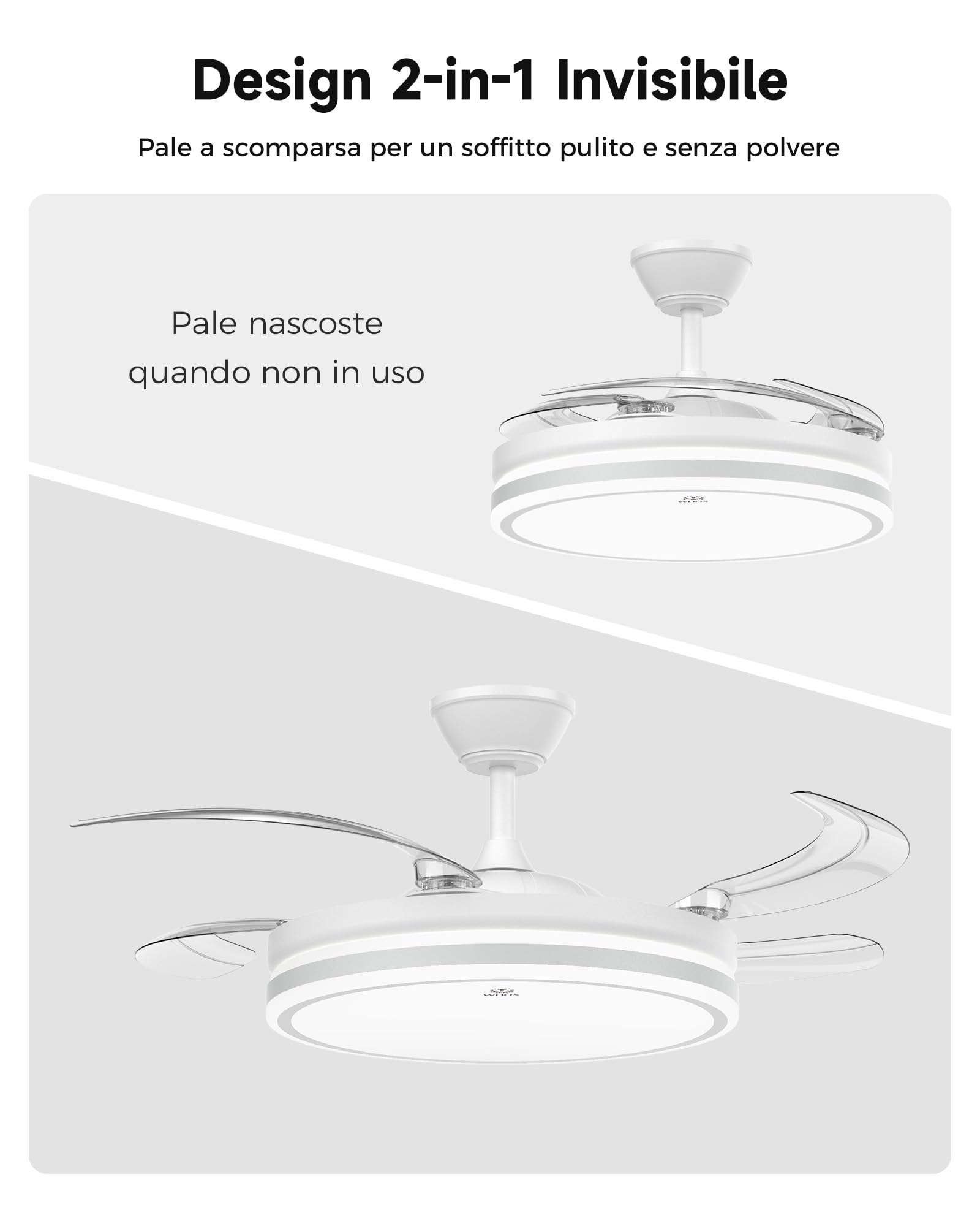 WOOX Ventilatore da Soffitto con Luce, 107cm Lampadario Ventilatore DC | 4 Pale Retrattili Invisibili, LED 50W Dimmerabile (CCT), 6 Velocità, Silenzioso, Estate/Inverno, Telecomando