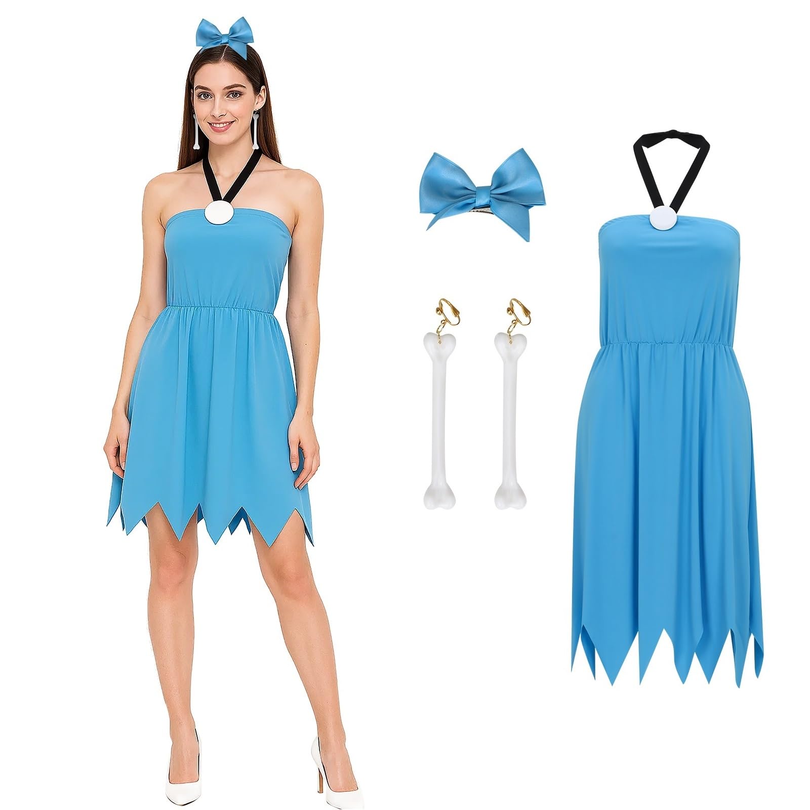 Women Betty Costume Caveman Blue Dress Halter Gown Earrings Hair Bow Outfit Family Halloween Cosplay Set (Medium)