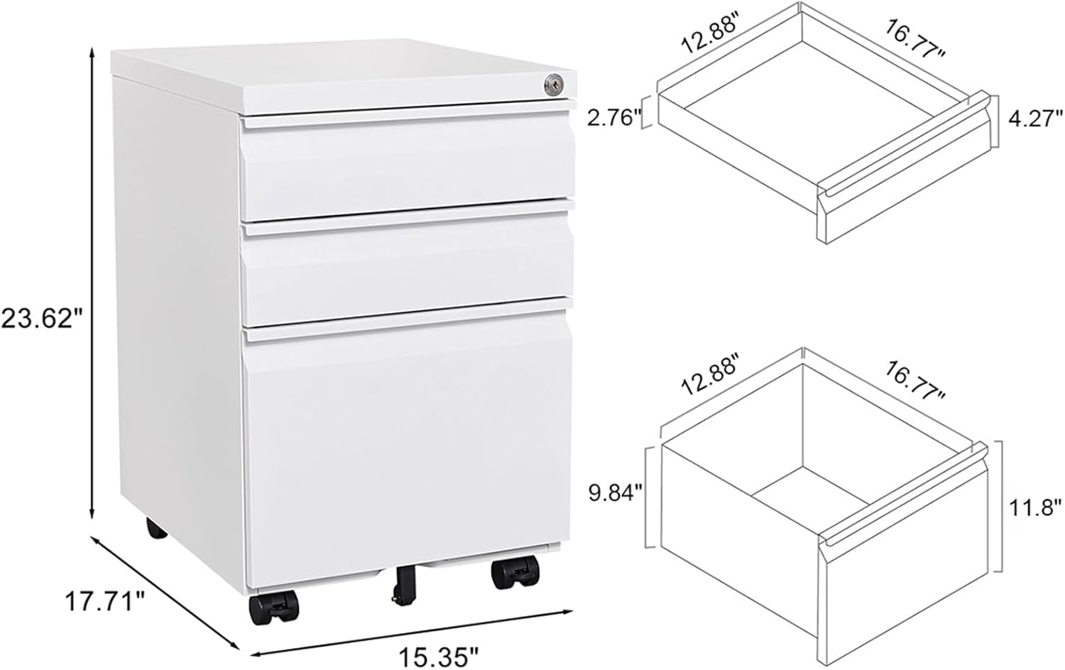 SoarFlash 3 Drawer File Cabinet with Lock Rolling Metal Filing Cabinet for Home Office, Under Desk Mobile File Cabinet with Wheels, White