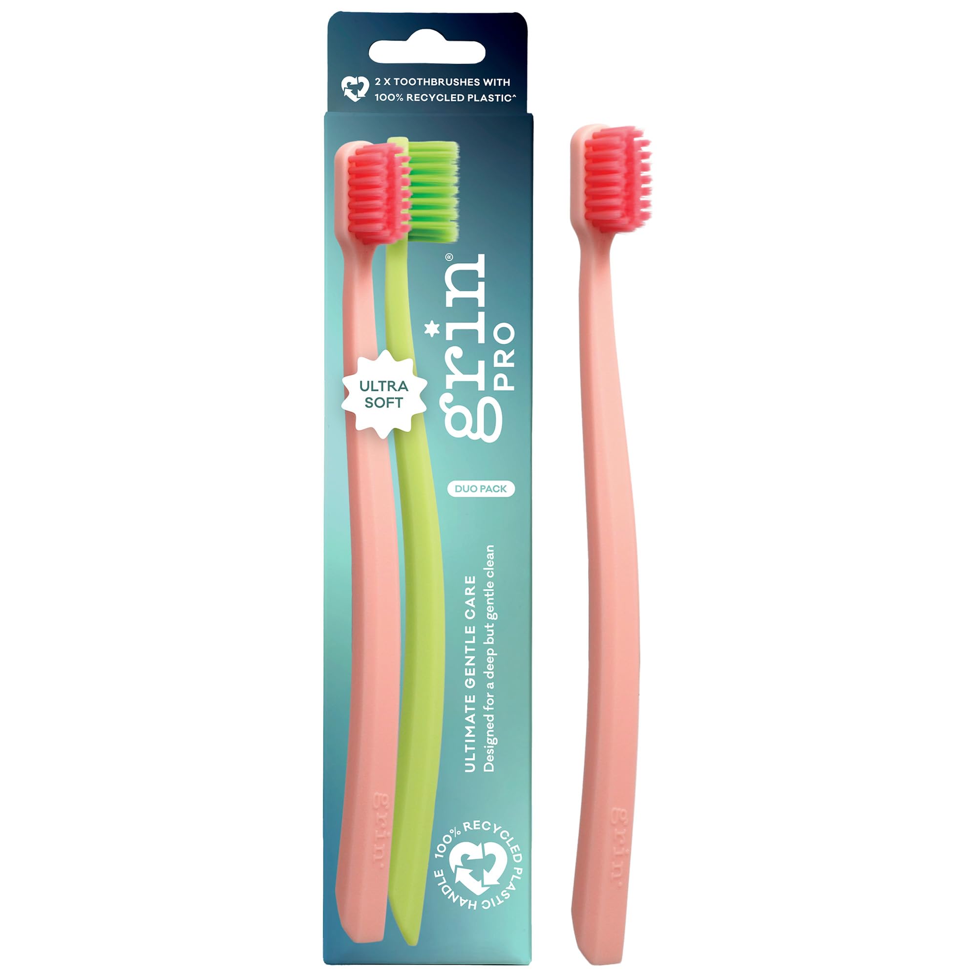 Grin Toothbrush for Adults Pro Gentle Care Ultra Soft, 2 Count, 1 Pack Set