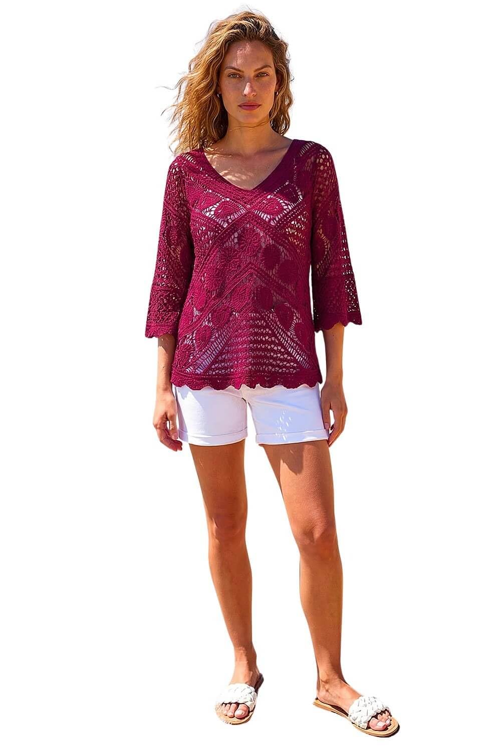 Roman Women's Crochet Lace V-Neck Open Knit Jumper in Maroon | Size: 12