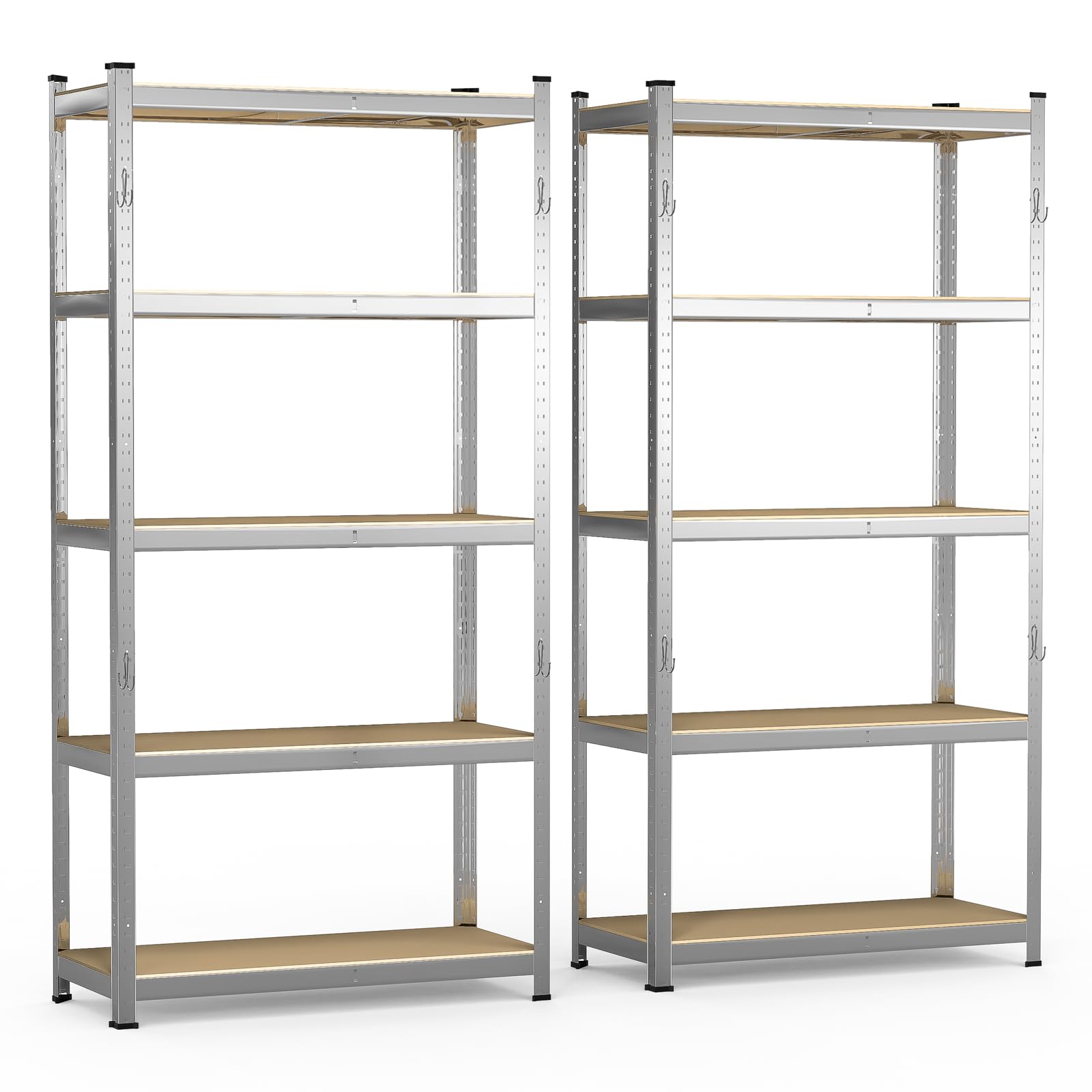 VOUNOT® 5-Tier Heavy Duty Shelving Units with Hooks, Set of 2 Metal Storage Racking for Garage, Shed, Workshop & Warehouse, Freestanding Shelves, Load Capacity 875kg, 180 x 90 x 40 cm