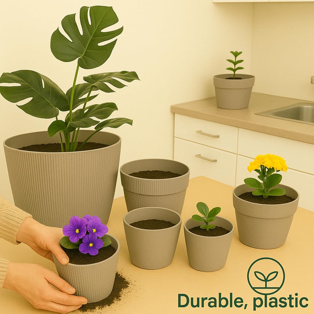 Home Garden Ornaments Decorative Plant Pots Indoor – Striped Indoor Plant Pot for Home and Garden (Diameter 18cm, Taupe) — view 6