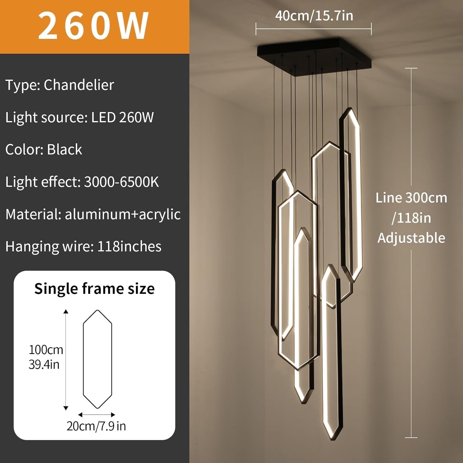 Lámpara colgante Grande de escalera LED de aluminio con Forma geométrica, lámpara de Mesa de comedor, regulable, altura Ajustable, combinación de techo, Sala de estar, Villa, Hote