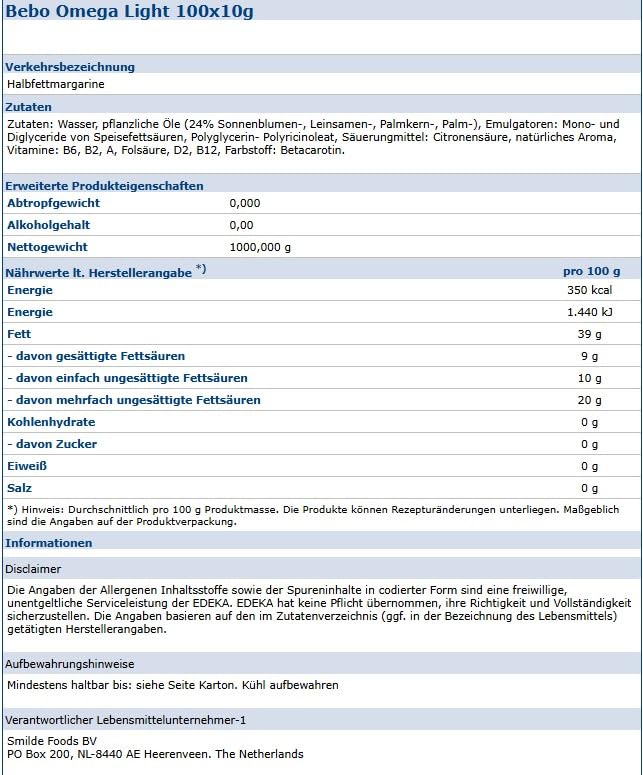 Margarine Portionen Omega Light, 100 x 10g, Diät-Margarine für Gastronomie und Großverbraucher, Einzelportionen, Großpackung