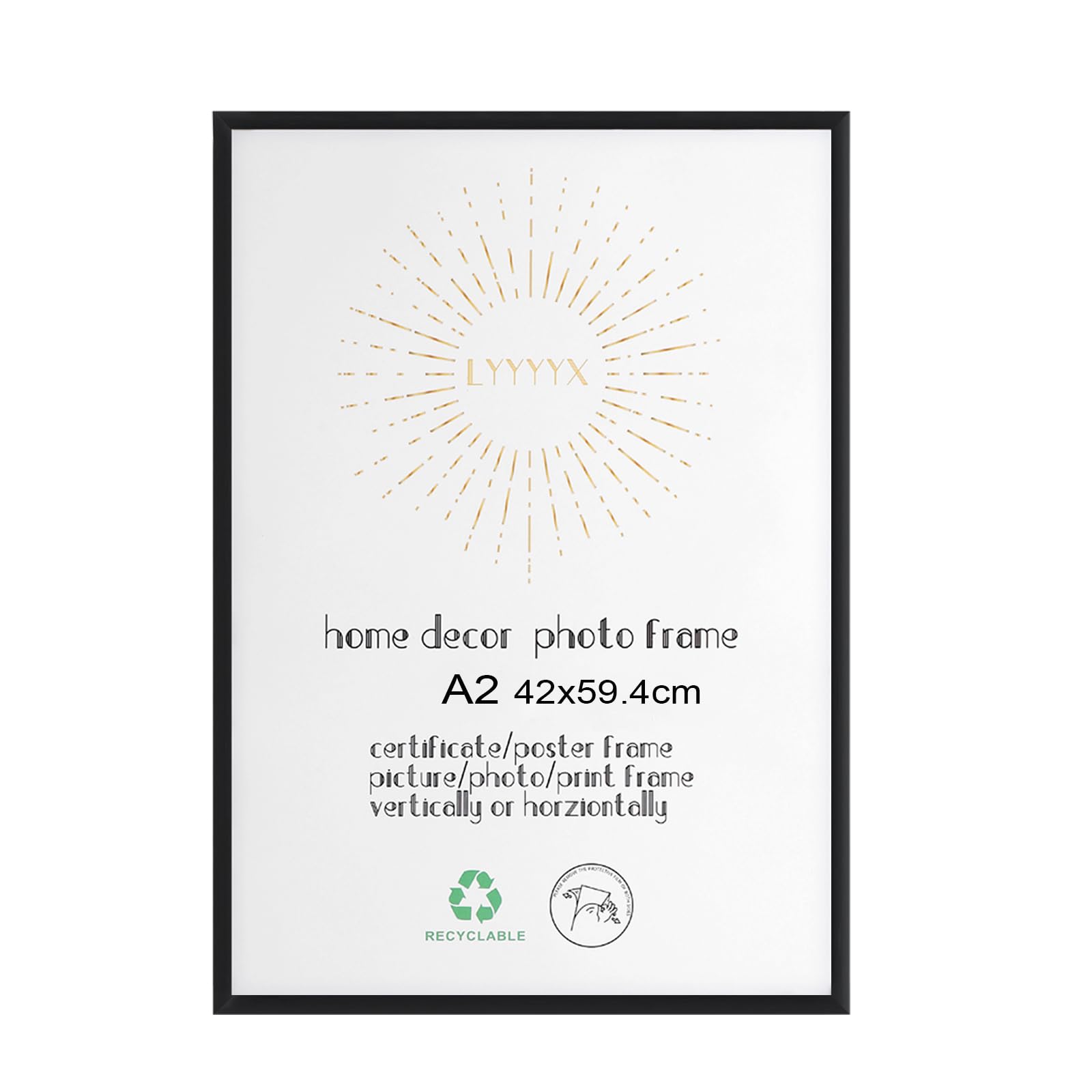 LYYYYX A2 Black Aluminium Photo Frame, 42 x 59.4 cm, Modern, Rectangular, Vertical, Wall Mount, Poster Frame, Brushed Finish, Lightweight, Interchangeable Mat, Pack of 1 — image 1
