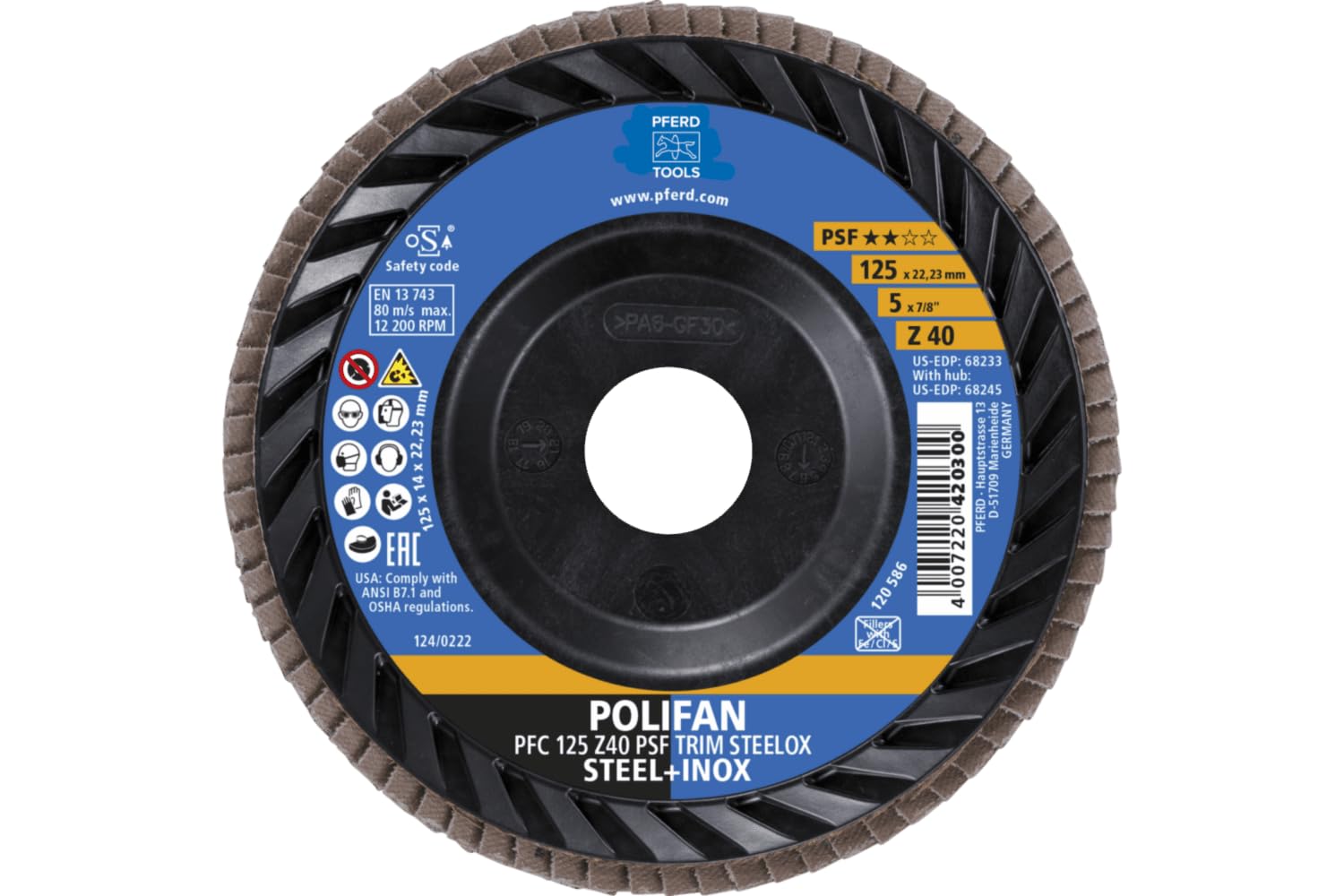PFERD Polifan - Disco de corte para amoladora angular (125 mm, corindón de circonio Z40, PSF TRIM STEELOX para acero y acero inoxidable (INOX), forma PFC/B/T29, diámetro de 22,23 mm, diámetro de 22,23