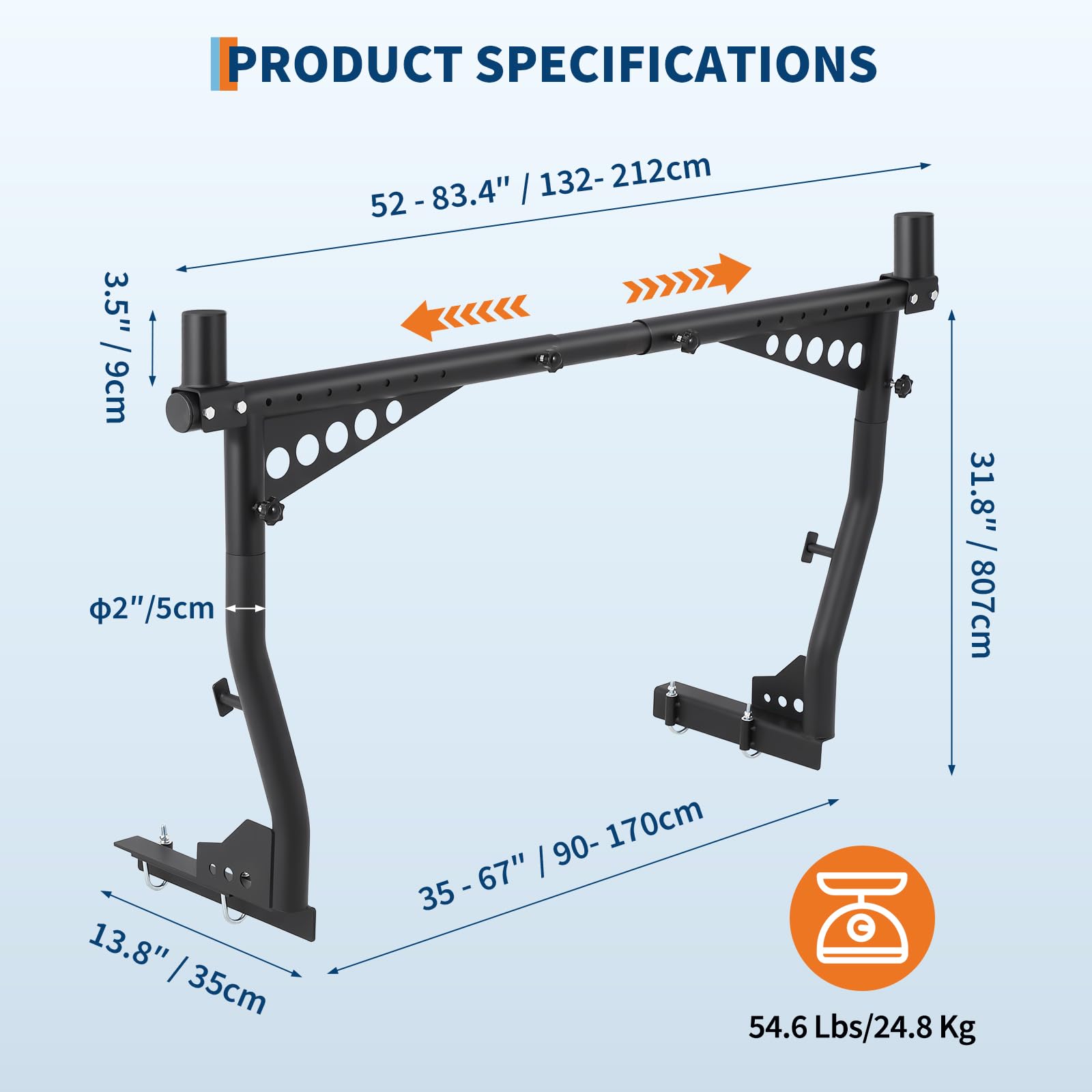 Universeller, ausziehbarer LKW-Leiterträger, 132–208 cm verstellbar, LKW-Träger Truck Rack,454kg Tragkraft,bohrfreier,robuster Pickup-Träger für Kajaks, Holz, Leitern, Surfbretter und Dachgepäck