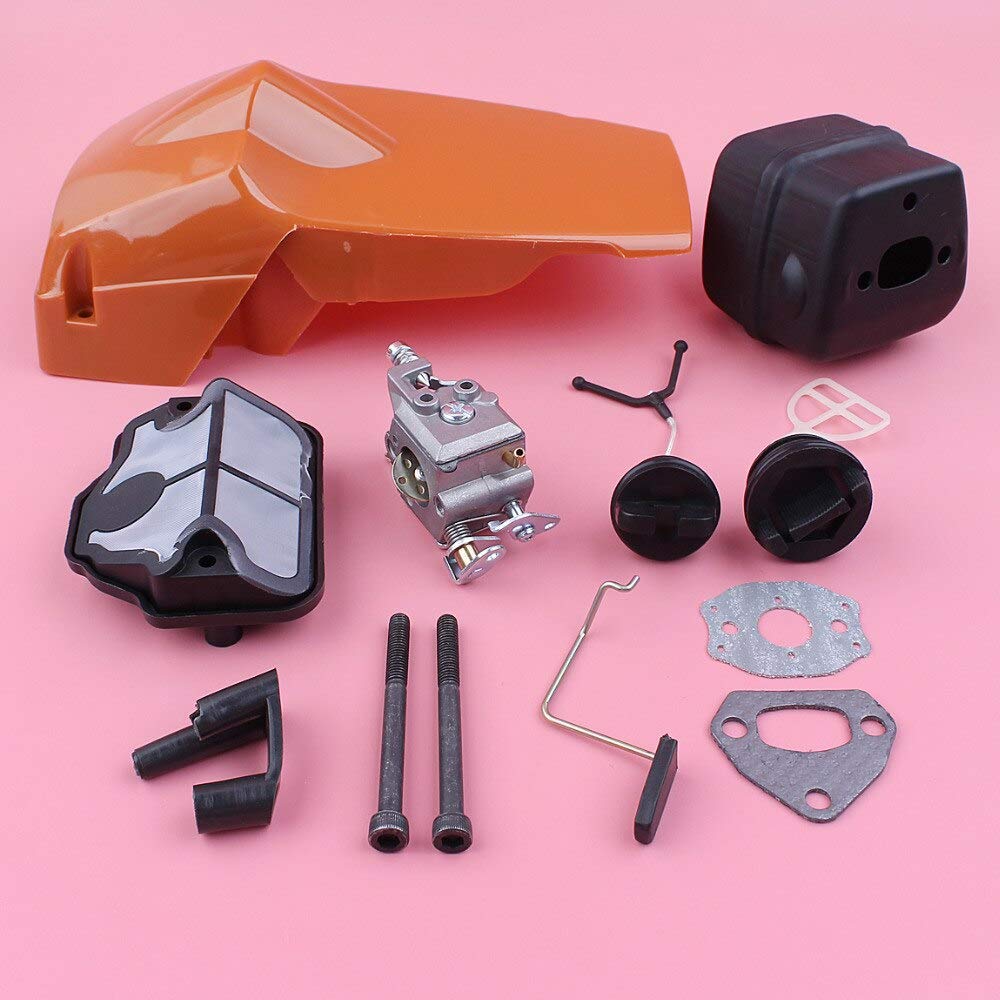 Carburador de cubierta de motor de cilindro superior para compatible con Husqvarna 137 142, silenciador de escape, filtro de aire, tapa de combustible y aceite, repuesto de motosierra