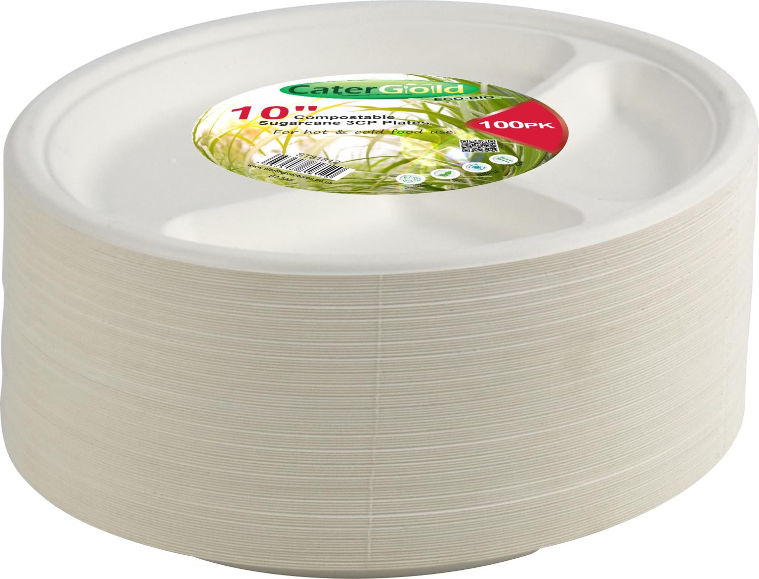 Catergold 100 White Bagasse Paper Plate Natural Sugarcane Plates Heavy Duty Premium 10 Inch Eco-Friendly Biodegradable Compostable for Parties Weddings BBQ (3 Compartment Round)