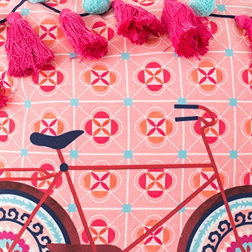 Image of Chumbak Cotton Boho Cycle Pom Pom Cushion Cover, 200 TC, 16 Inch Decorative Throw Pillow Cover, Pink Sofa Cushion for Living Room & Bedroom Decor