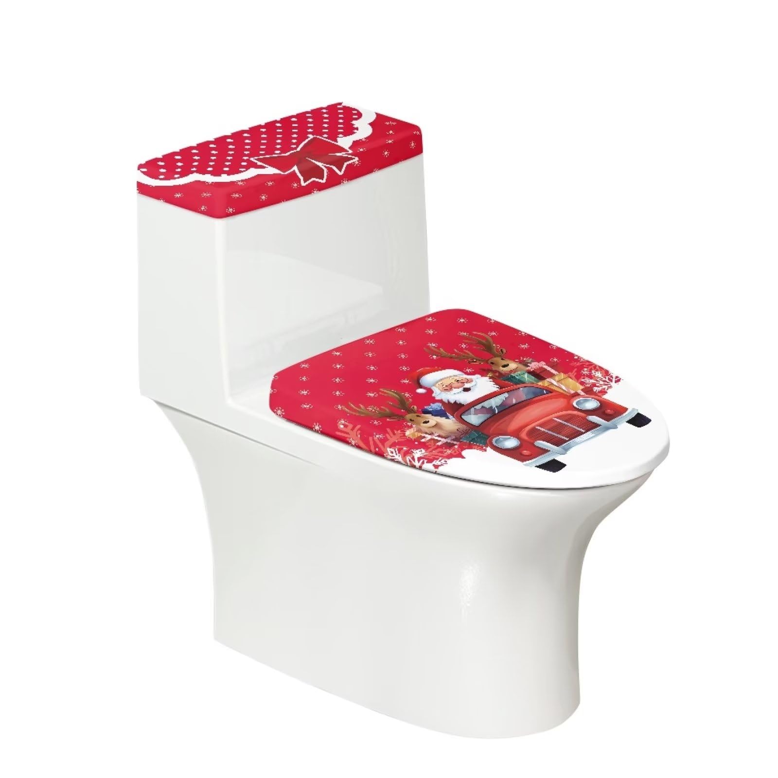 Suhoaziia Santa Claus Red Truck Toilet Lid Cover&Toilet Tank Lid Cover 2Pcs Toilet Cover Set Christmas Decor Polyester Spandex Fabric Washable Elasticized Cloth Toilet Seat Cover for Bathroom