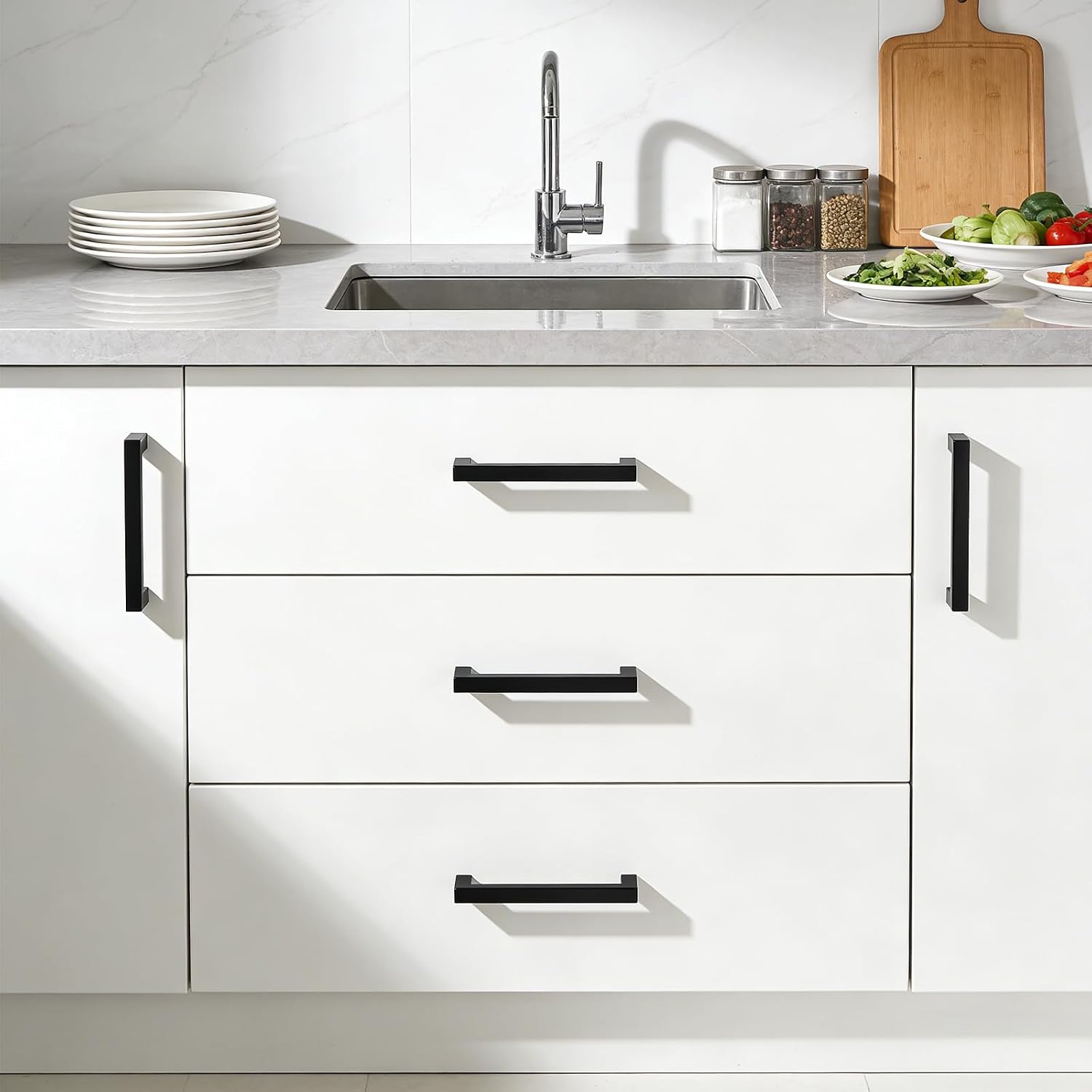 KNOBWELL 10 Pack | 5 inch Cabinet Pulls Matte Black - Stainless Steel Drawer Dresser Pulls Kitchen Cabinet Handles Black 10 Pack - 5" Hole Centers