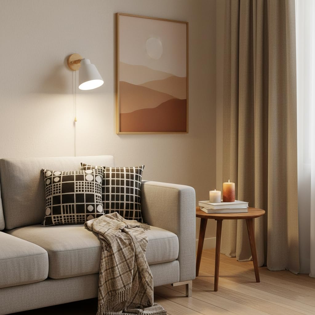 Lampada Da Parete Con Interruttore A Fune Rotazione Libera Di 350° Lampada Da Comodino Macaron Vintage Moderna E27 Lampada Da Parete In Legno Adatto Per Soggiorno E Camera Da Letto（Bianco）