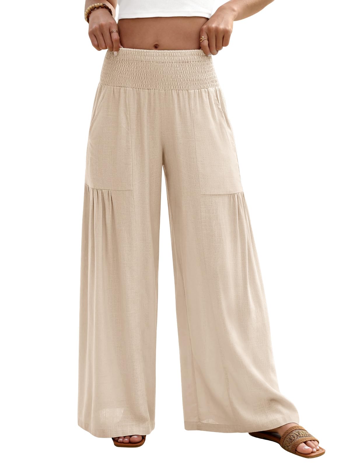 Pantalones Mujer Verano Pantalon Lino de Algodón Ligero Causal Anchos Pantalones Cintura Alta Elástica Cómodos Flojo Playa Pantalón Fluido Largos con Bolsillos
